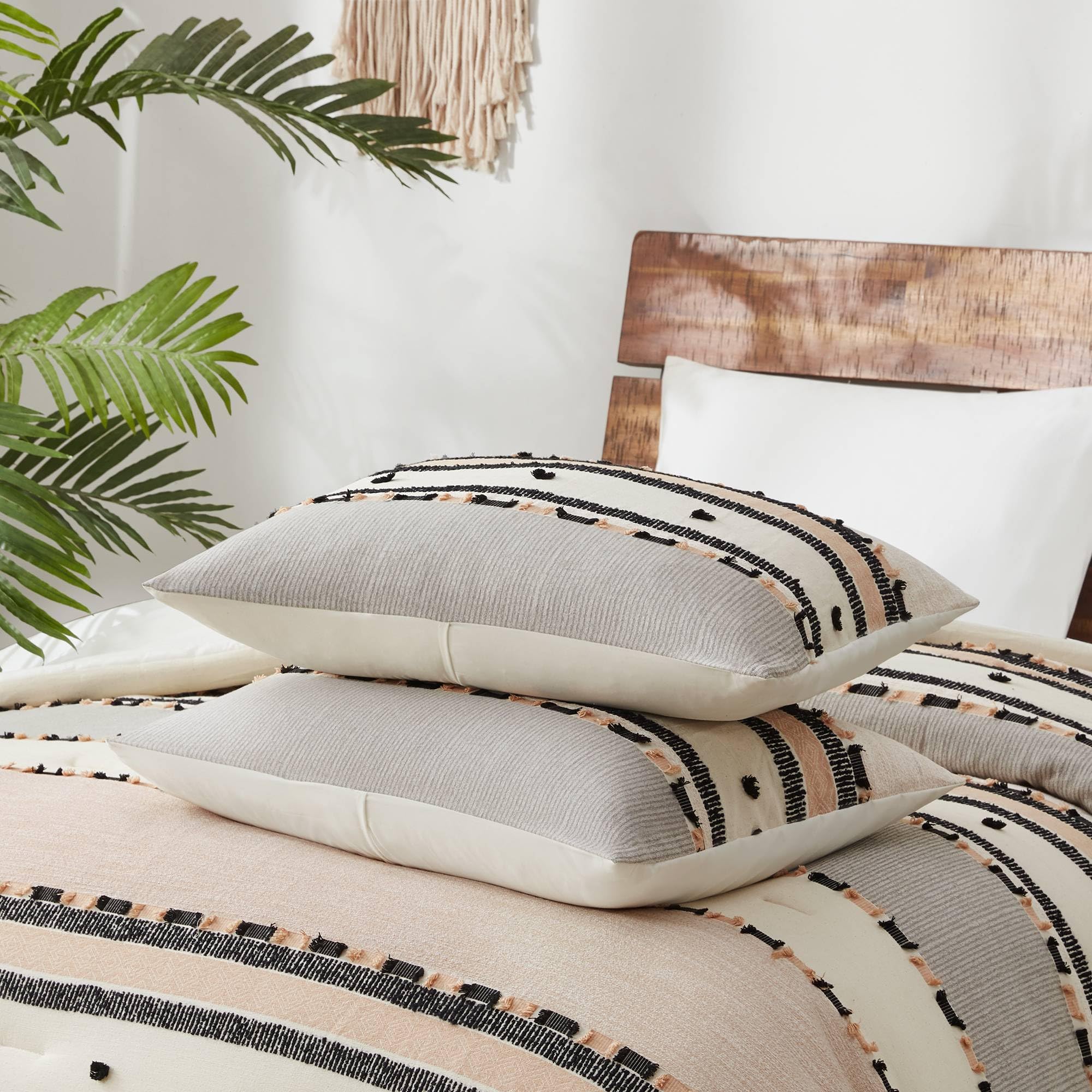 Boho Queen Comforter Set with Cotton Top and Tufted Jacquard Stripes