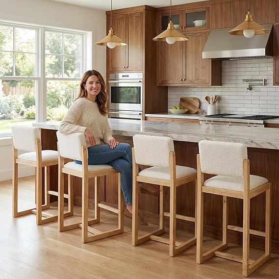 Modern Bar Stools Set of 4 - 26" Counter Height Linen Upholstered Kitchen Island Chairs