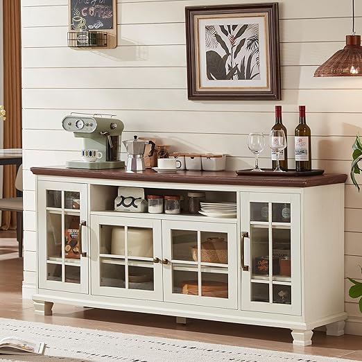 Vintage Walnut Sideboard Buffet Cabinet with Glass Doors