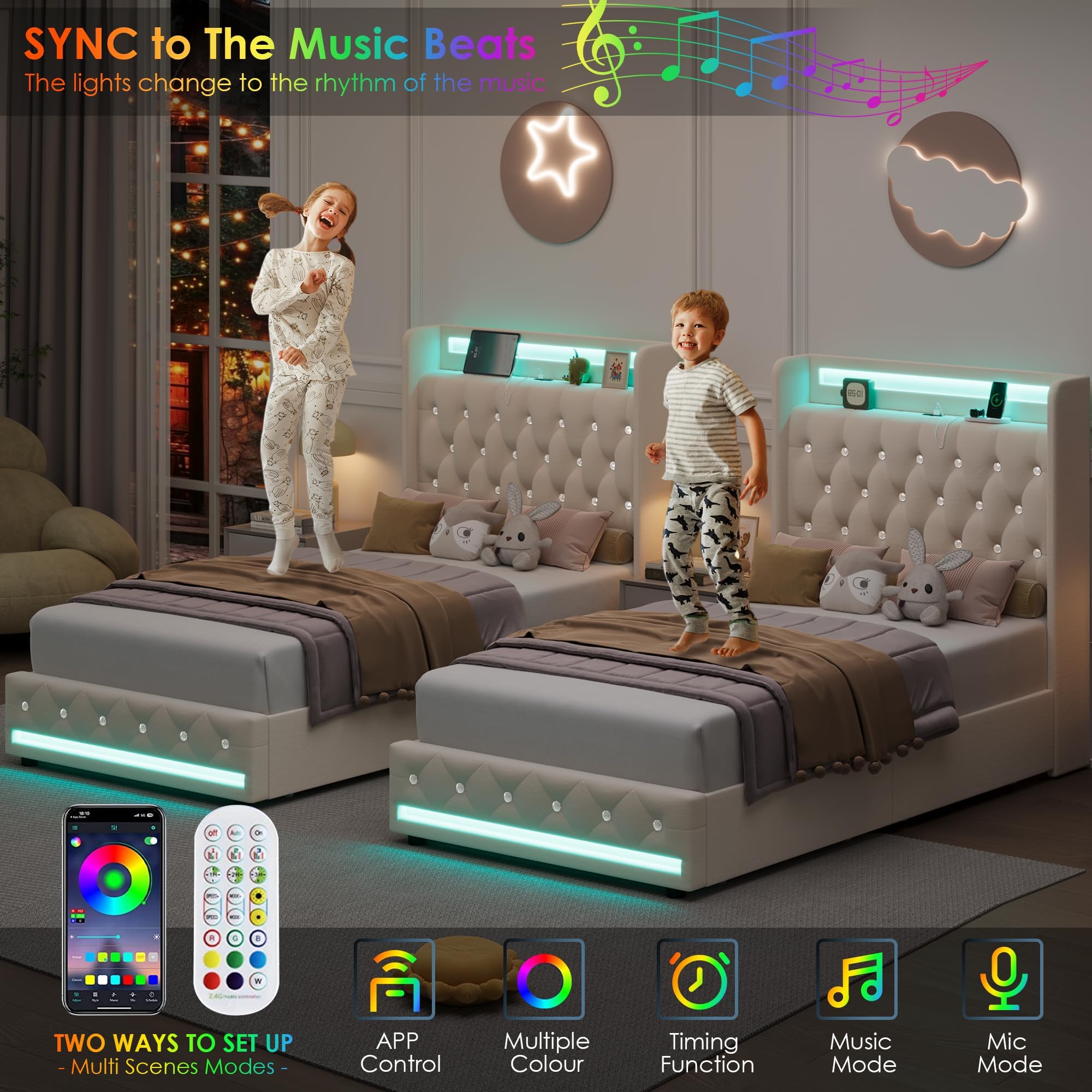 Twin LED Bed Frame with Charging Station & Storage Drawers