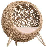 PawHut 20.5" Weaved Cat Bed, Elevated Hand-Woven Braided Banana Leaf Kitten House Condo with Cushion, Beige