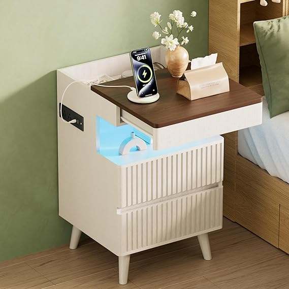 Tall Fluted Nightstand with Charging Station and LED Light