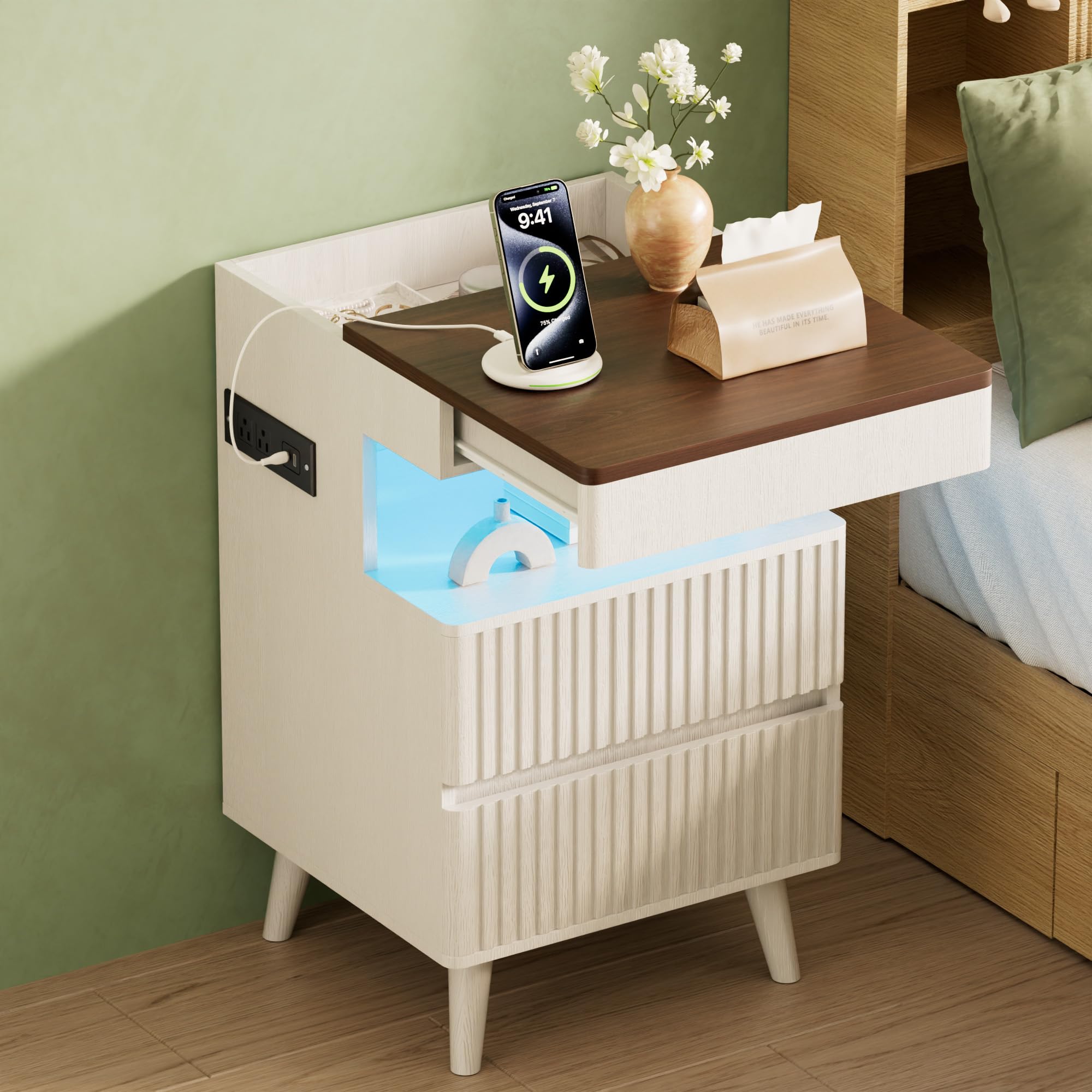 Tall Fluted Nightstand with Charging Station and LED Light