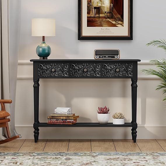 Entryway Console Table with 3 Drawers and Open Shelf