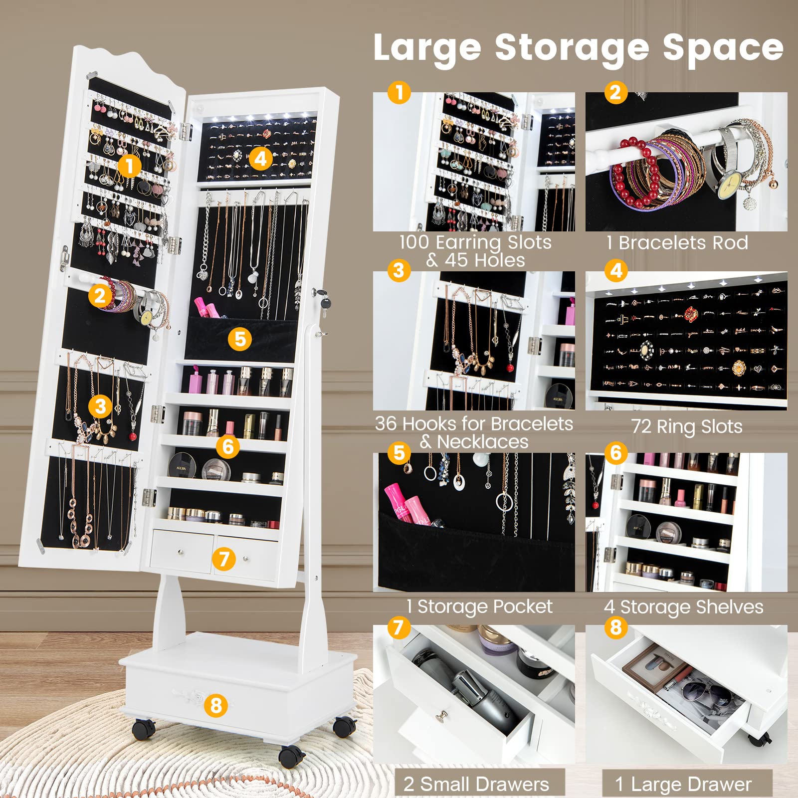Rolling Jewelry Armoire with Full Length Mirror
