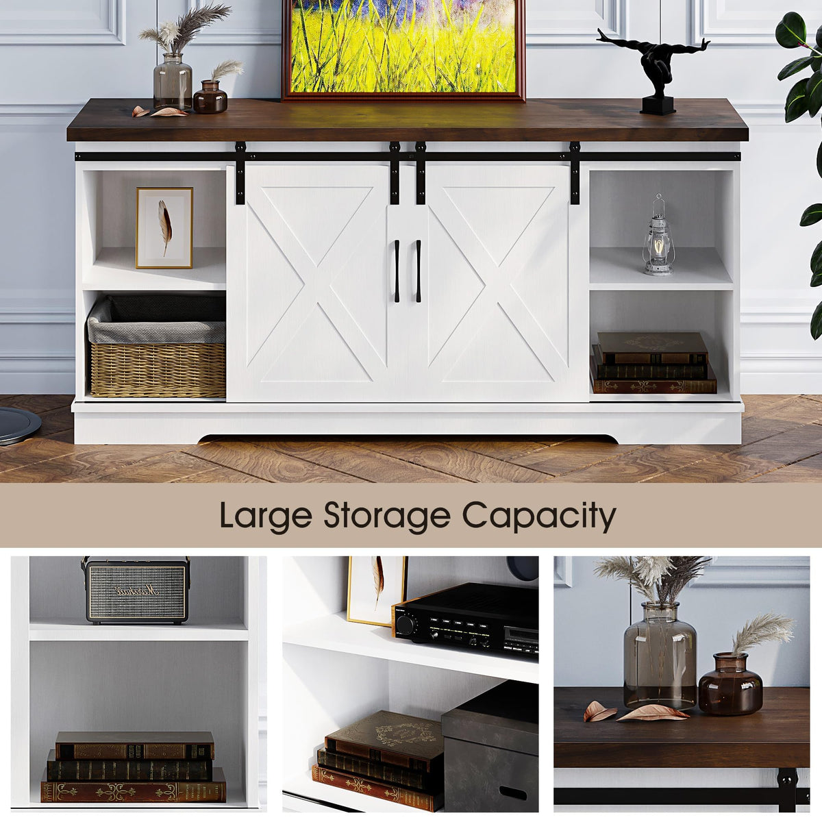 Farmhouse TV Stand with Sliding Barn Doors for TVs up to 65"