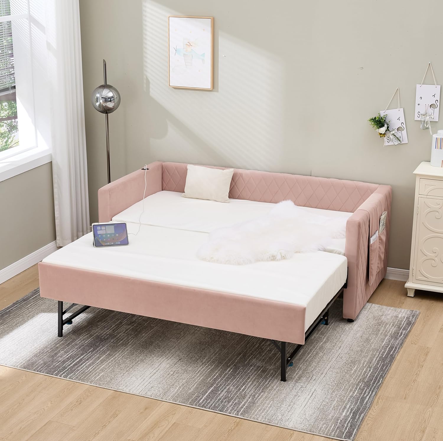 Twin Size Upholstered Daybed with Trundle and Charging Station