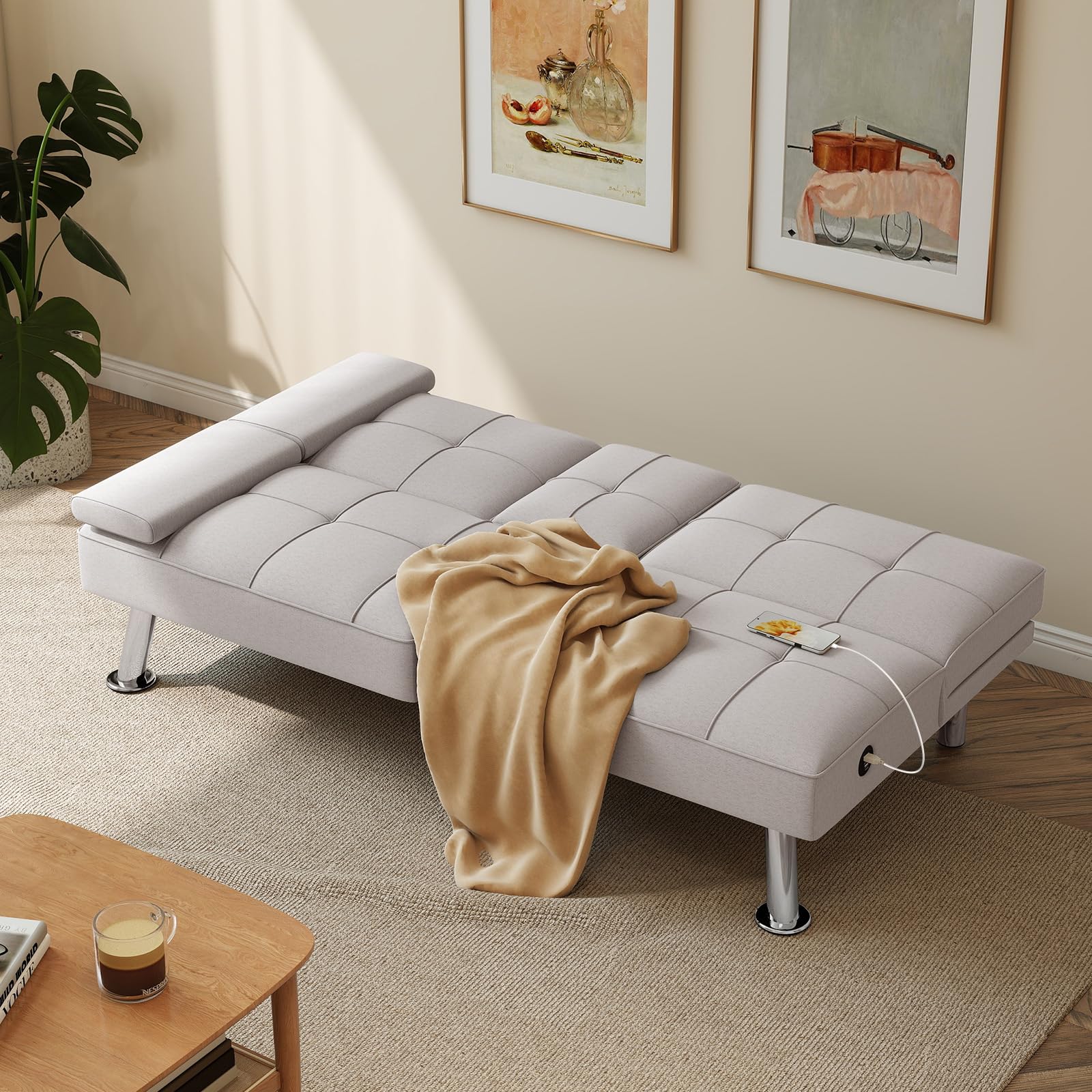 Convertible Futon Sofa Bed with USB Charging Port