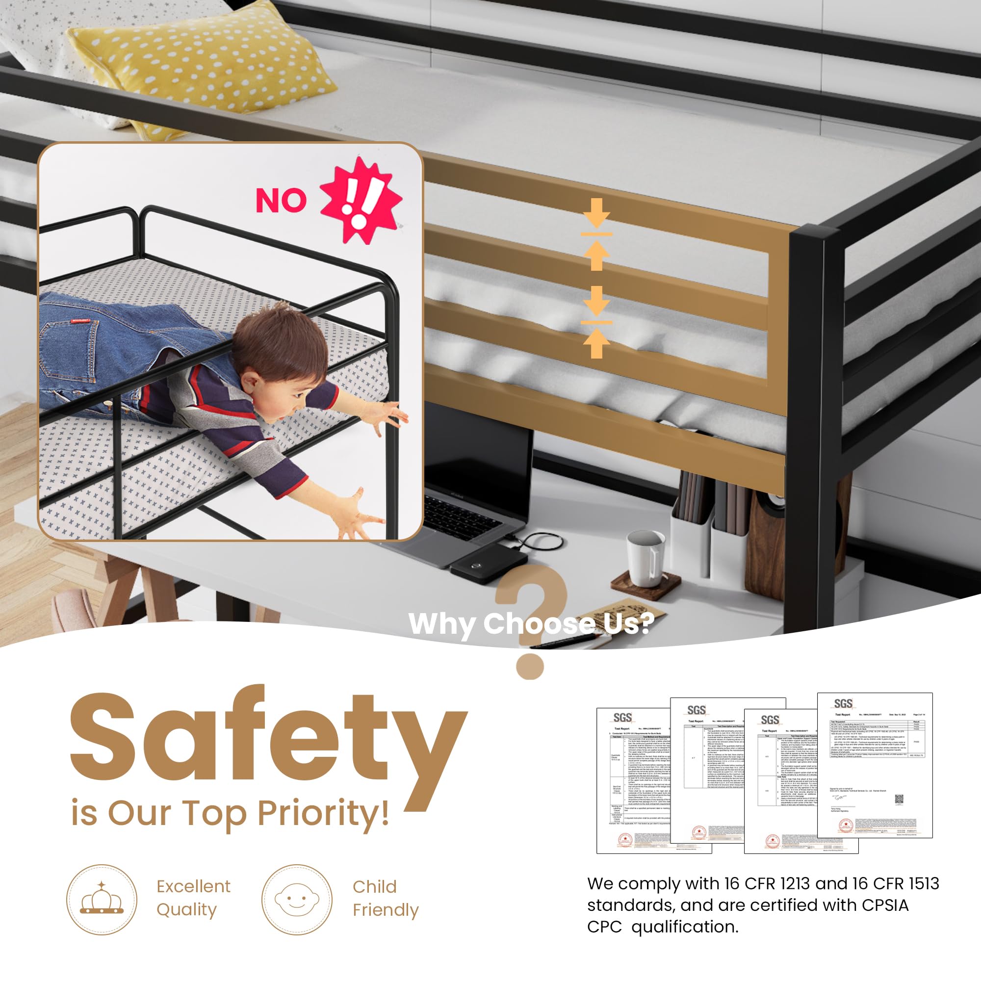Twin Loft Bed with Ladder and Guardrail - Black Metal Frame