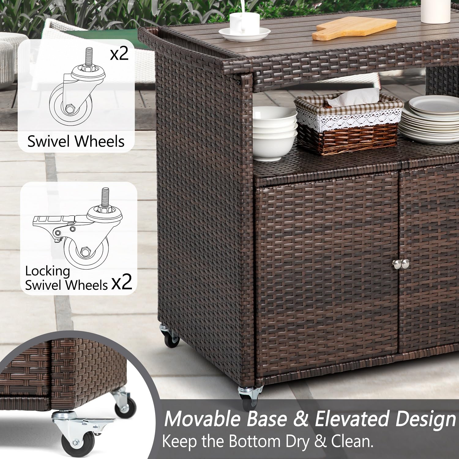 Outdoor Wicker Bar Cart with Storage Cabinet and Rolling Wheels