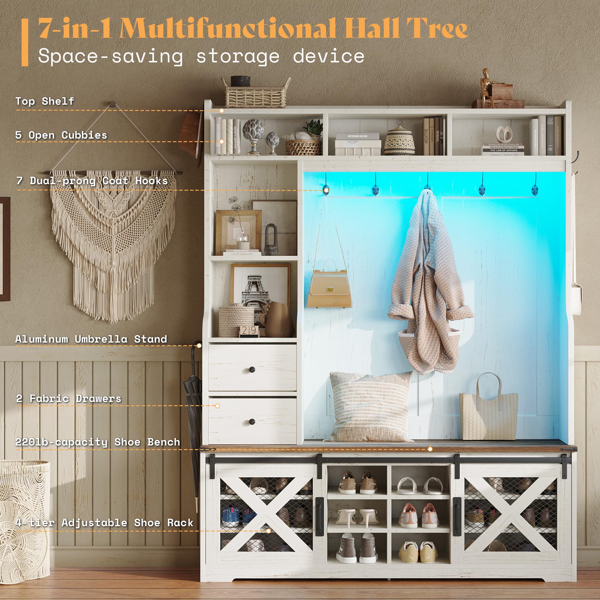 7-in-1 Farmhouse Hall Tree with LED Lighting