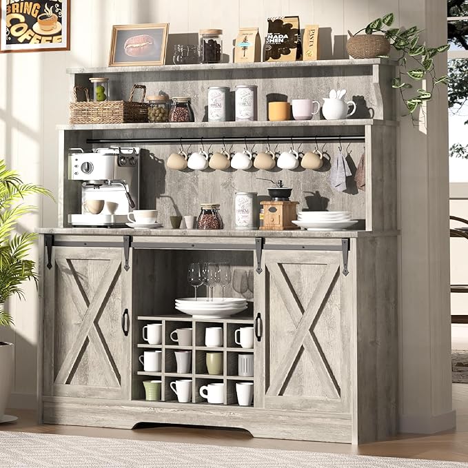 Farmhouse Coffee Bar Cabinet with 3-Tier Storage Hutch