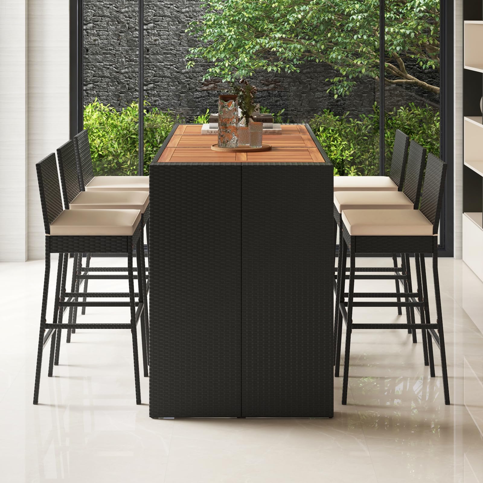 7-Piece Outdoor Bar Set with Acacia Wood Table and Wicker Stools