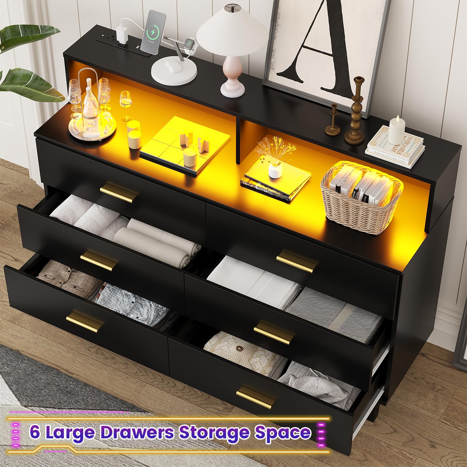 6 Drawer Dresser with LED Light and Power Outlet