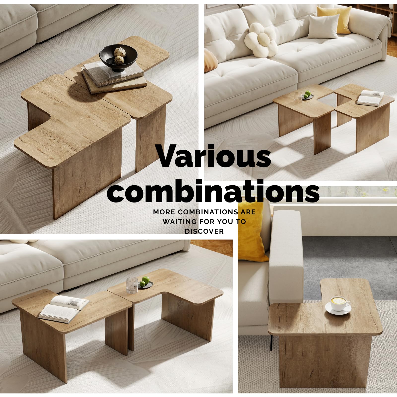Modern Nesting Coffee Table Set of 2, Natural Wooden L-Shape Square Coffee Table for Living Room,Small Center Table End Table Sets Light Tabel with Rustic Wood Grain for Bedroom Office Cafe