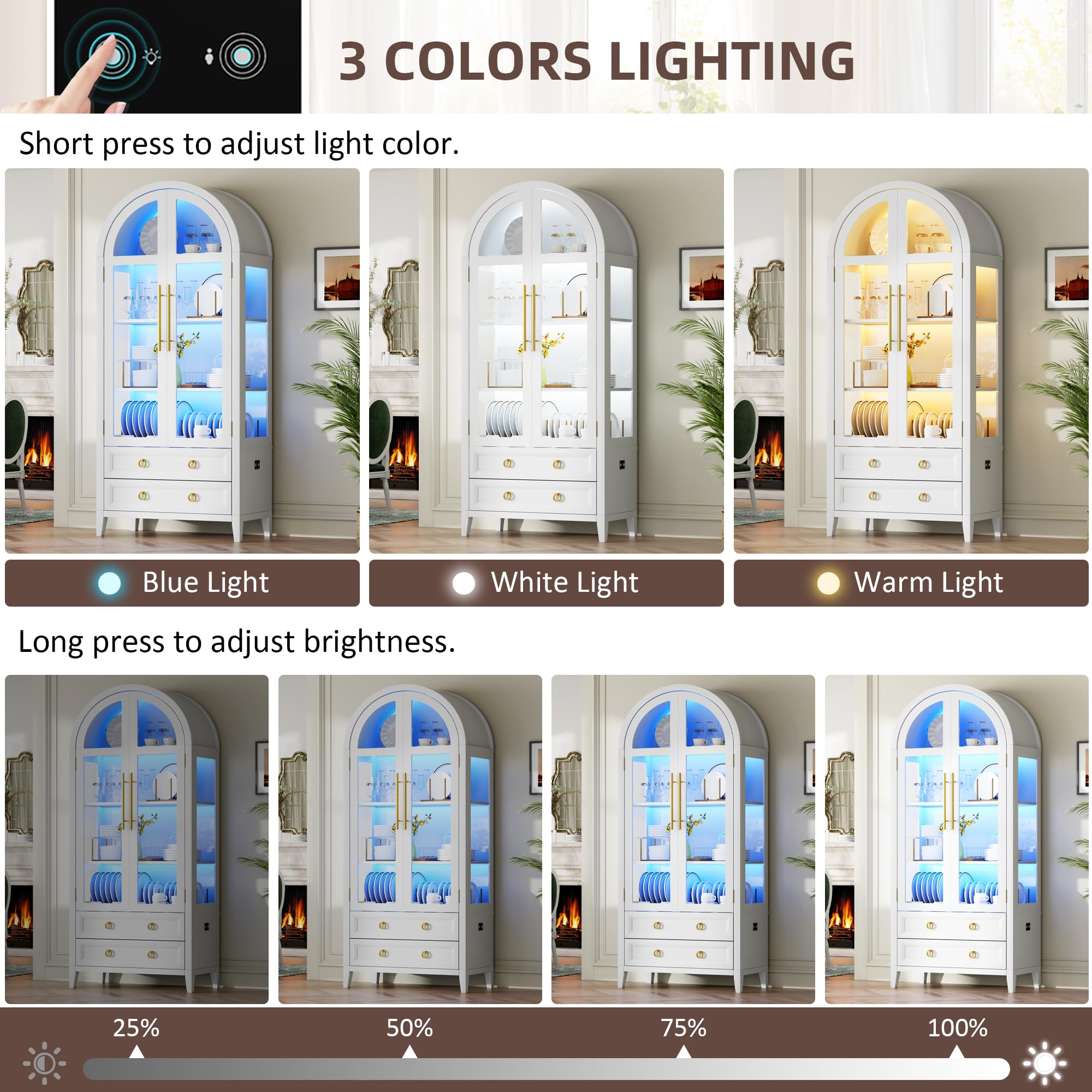 Arched Glass Display Cabinet with LED Lights
