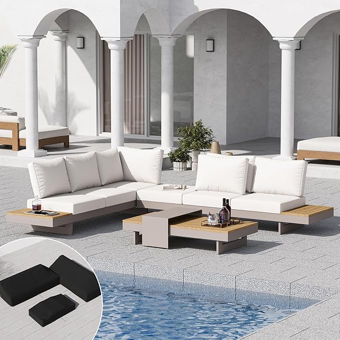 6 Piece Aluminum Teak Patio Sectional Sofa Set with Adjustable Backrests