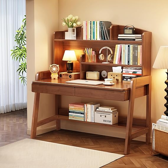 Kids Wooden Study Desk with Bookshelf and Two Drawers