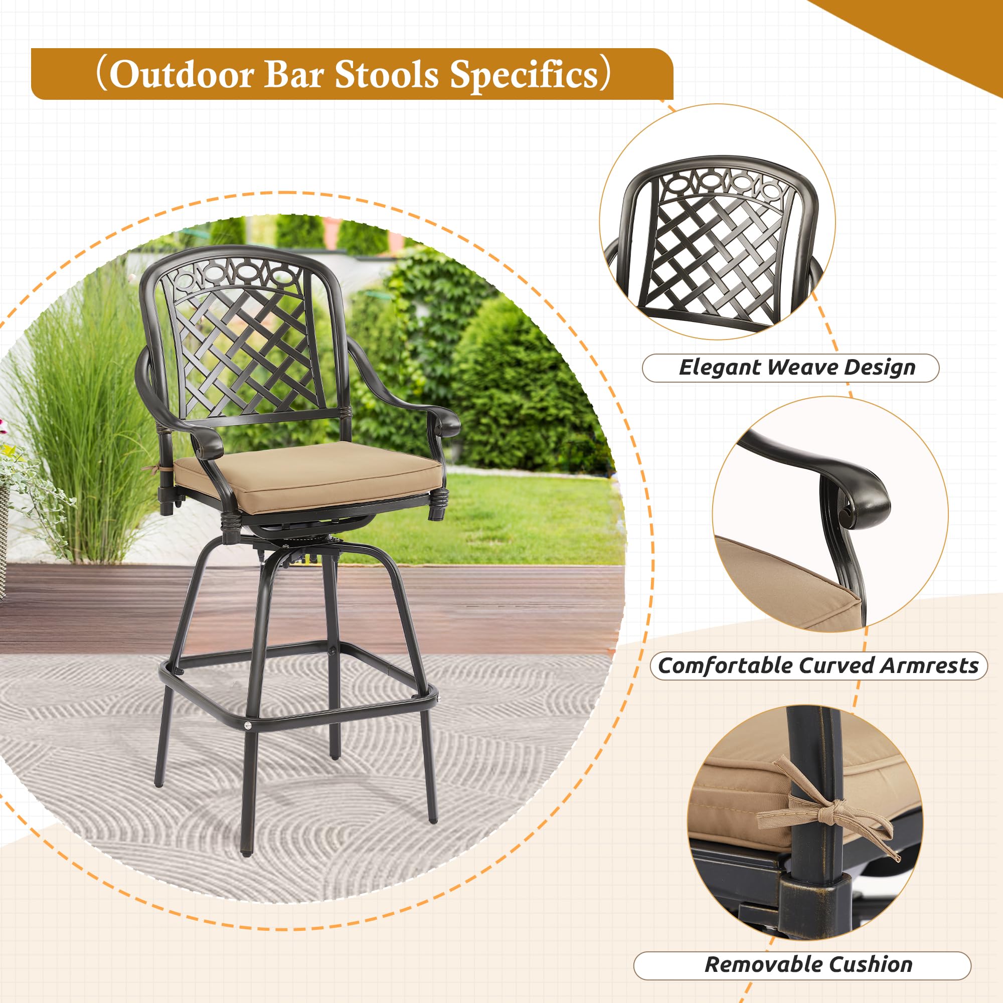 3-Piece Cast Aluminum Patio Bar Set, Outdoor Round High Top Table & 2 Swivel Bar Chairs with Cushions, All-Weather Bistro Table and Chairs Set for Patio, Lawn & Garden (1 Table +2 Swivel Chairs)
