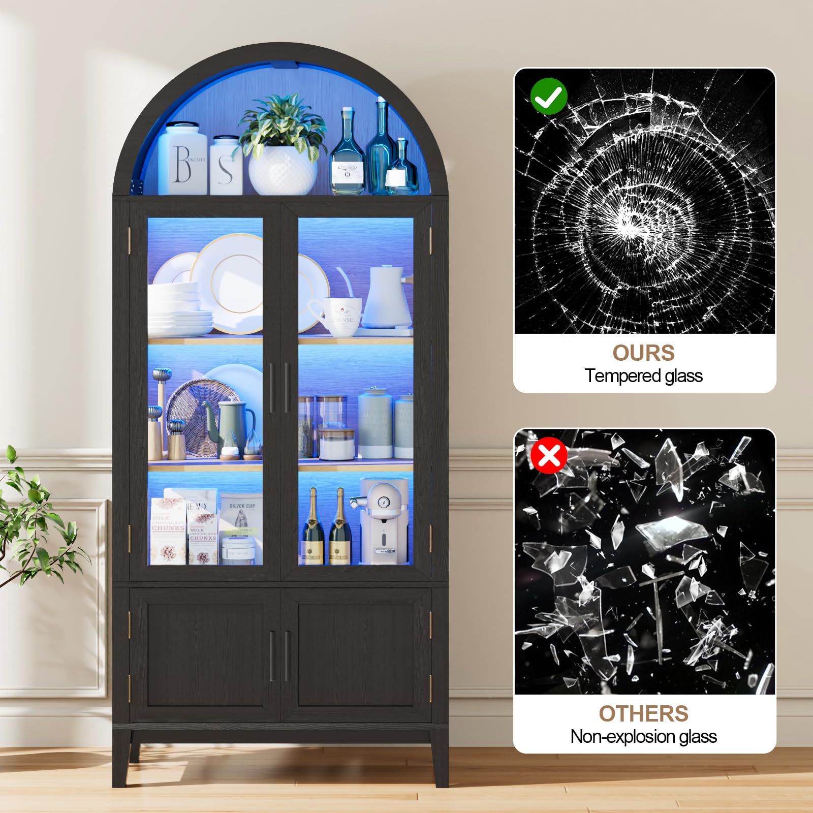 Arched Glass Door Pantry Cabinet with LED Lights