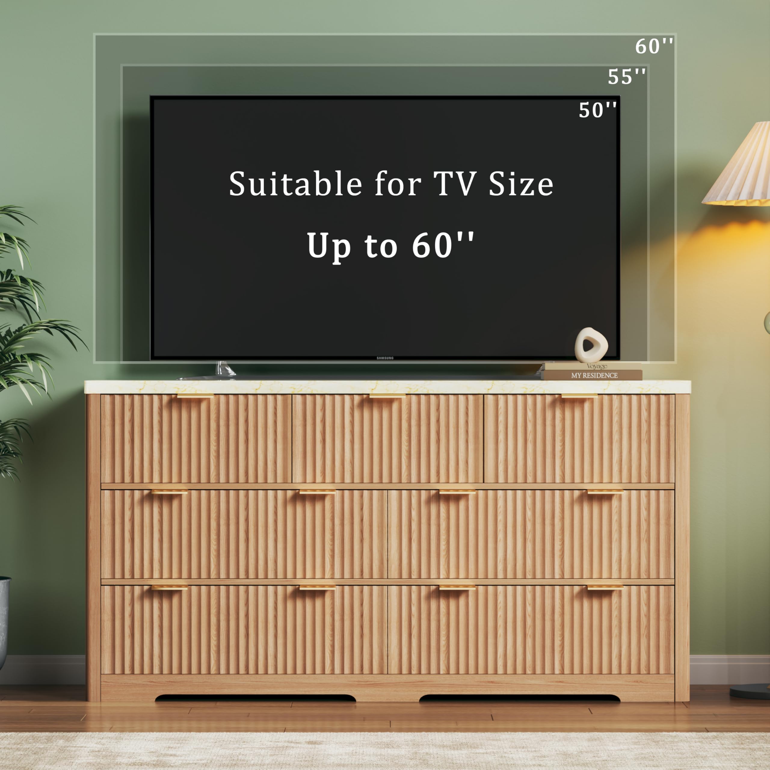 7-Drawer Fluted Dresser with Faux Marble Top