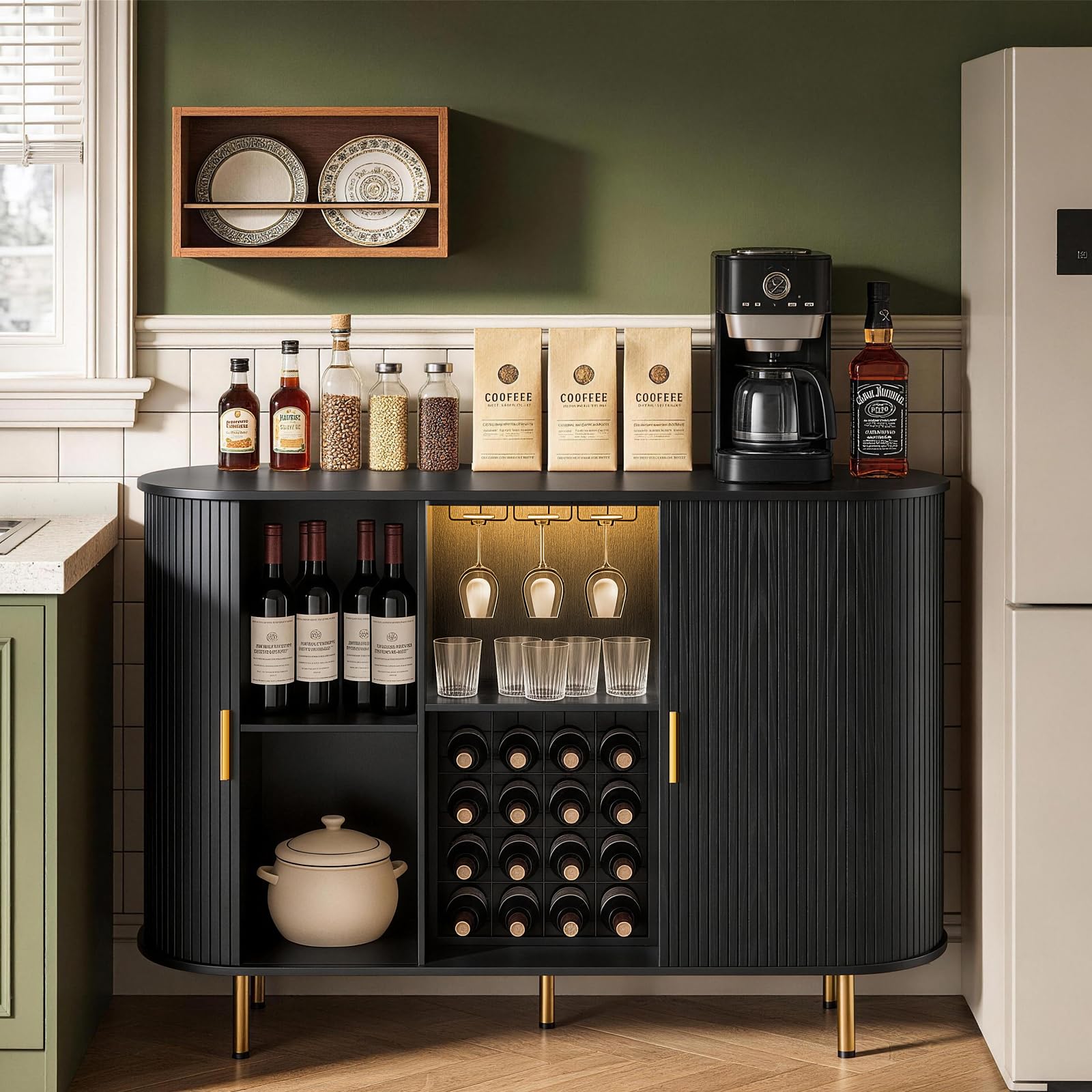 Wine Bar Cabinet with LED Lights and Storage