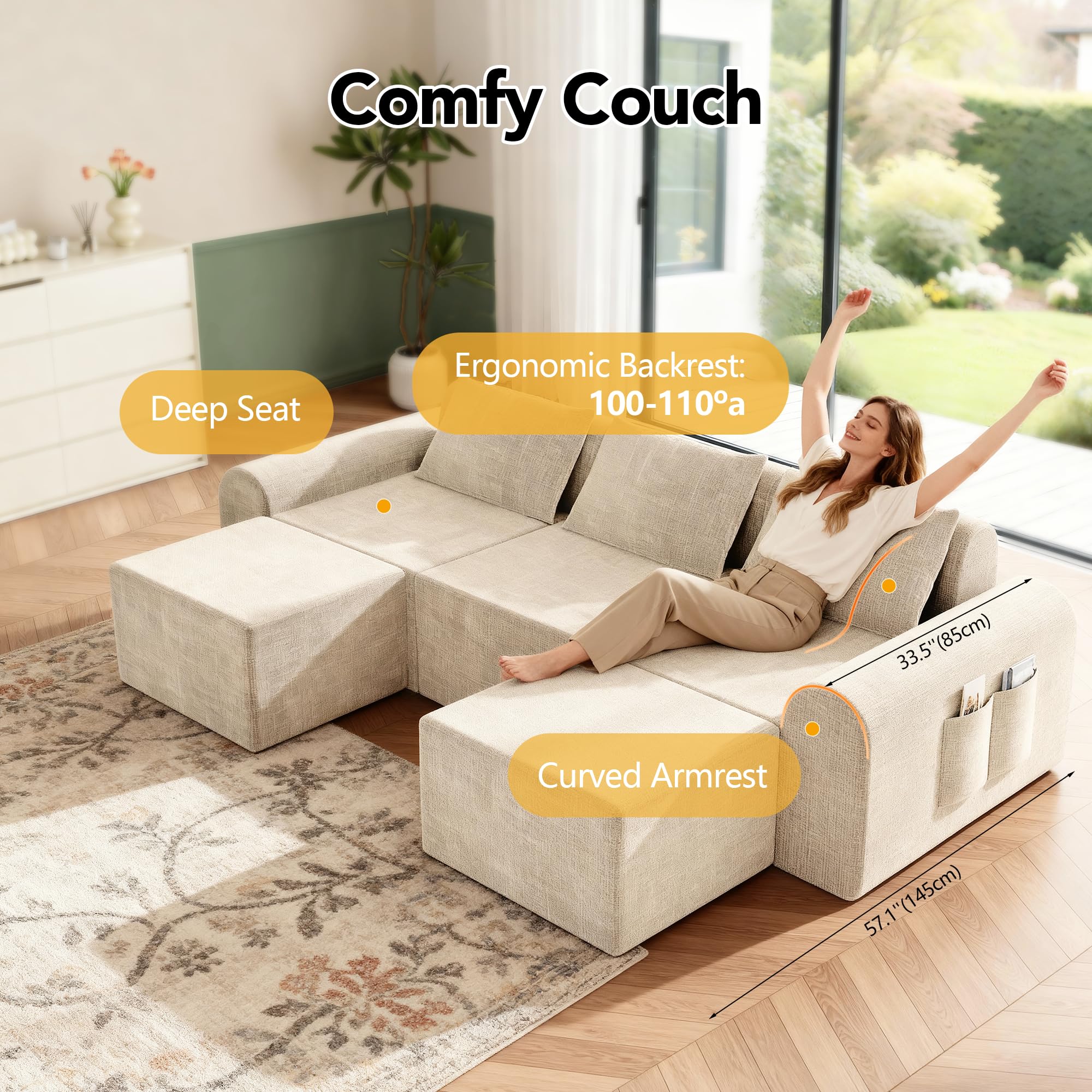 Cloud Sectional Couch with Ottoman and Pillows
