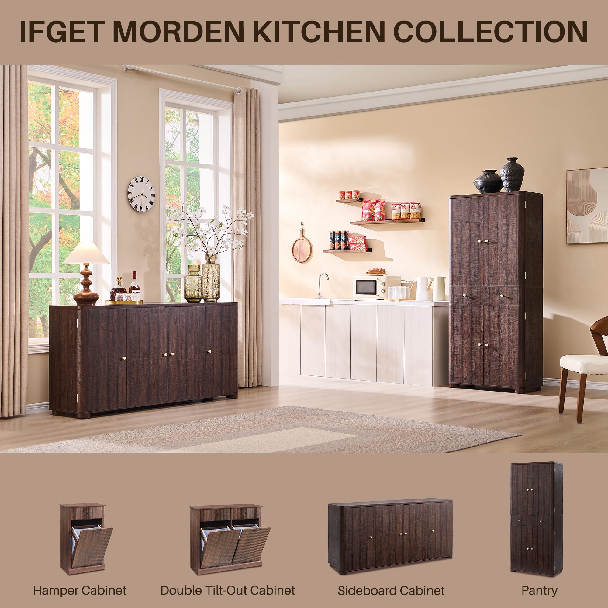 66" Curved Buffet Cabinet with 4 Doors and Shelves