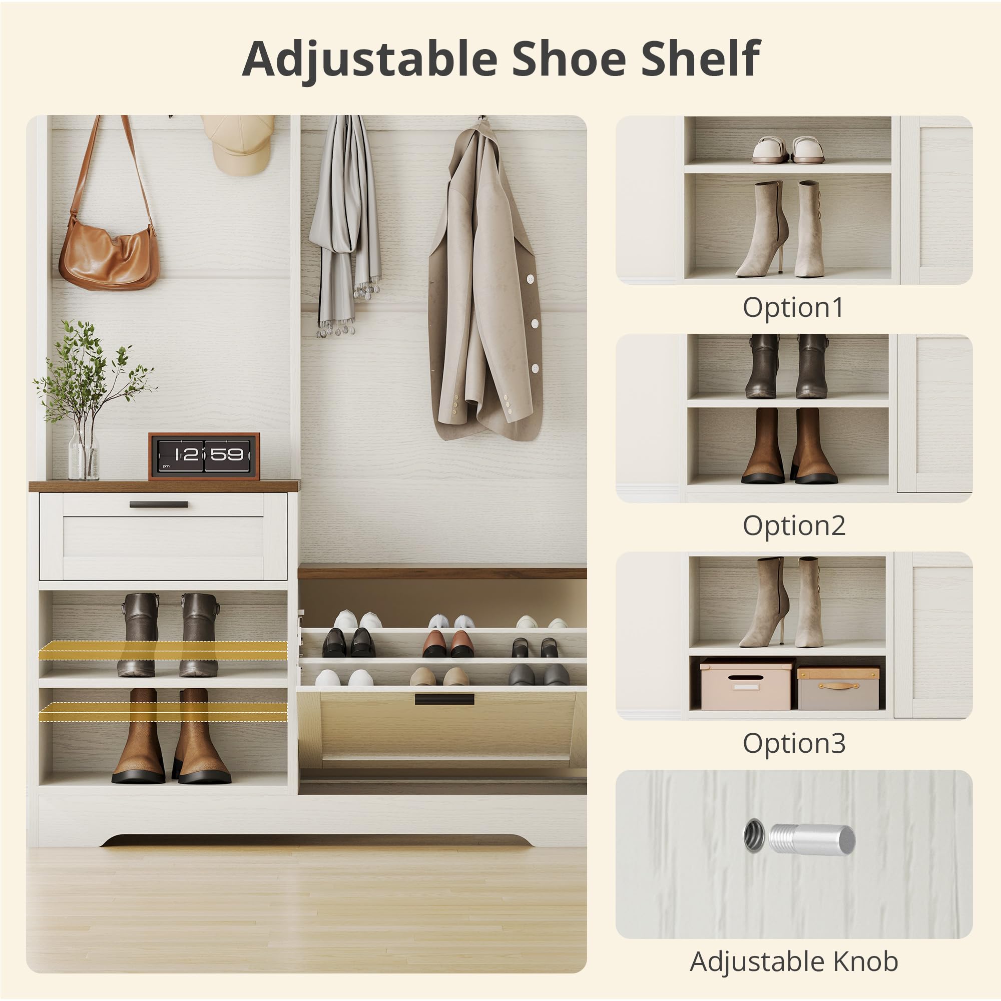 Modern Hall Tree with Bench Shoe Storage and 7 Hooks