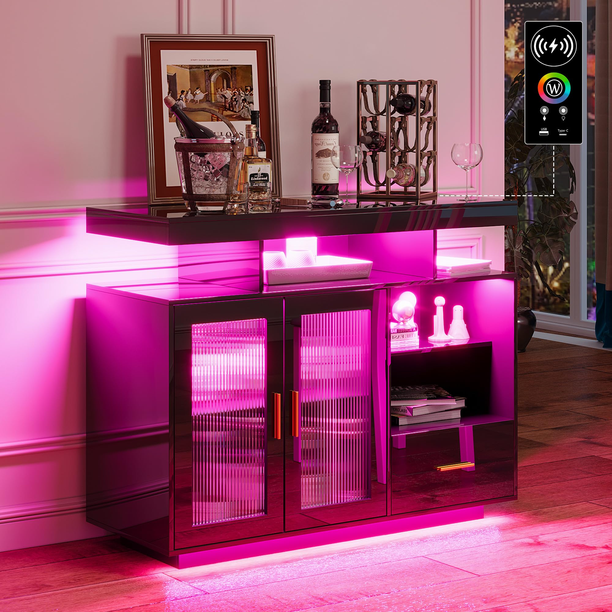 LED Sideboard Buffet Cabinet with Charging Station