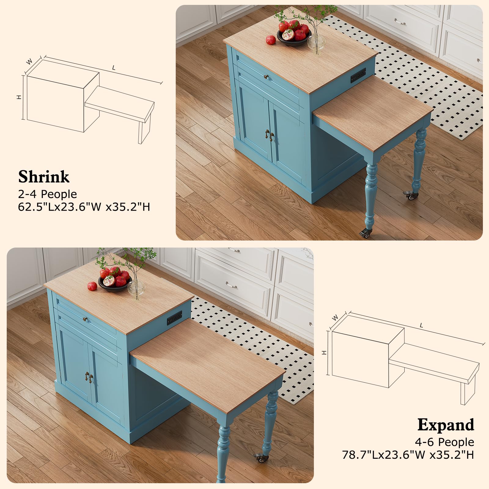 72" Extendable Kitchen Island with Power Outlet and Storage