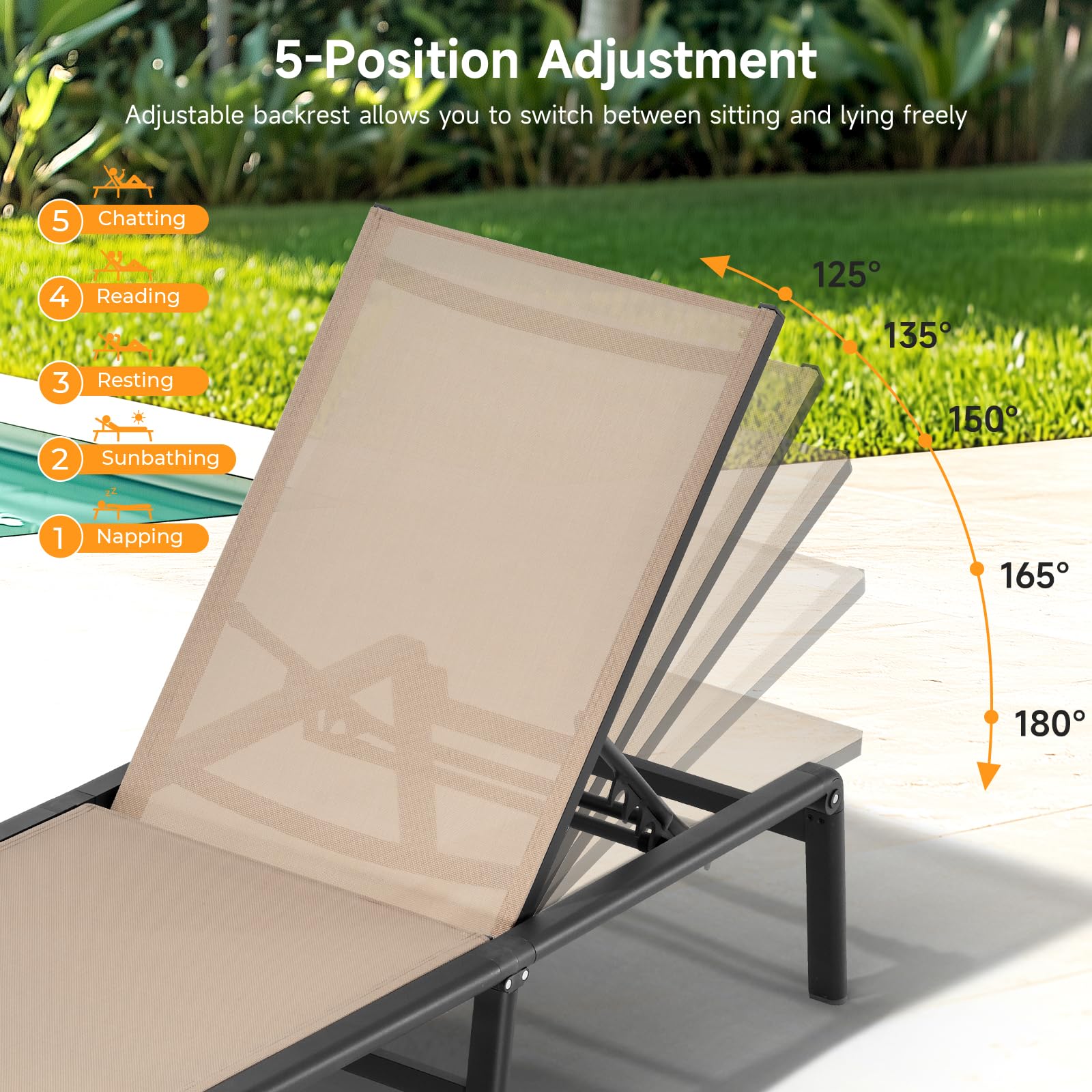 Aluminum Chaise Lounge Chair with 5-Position Adjustable Backrest