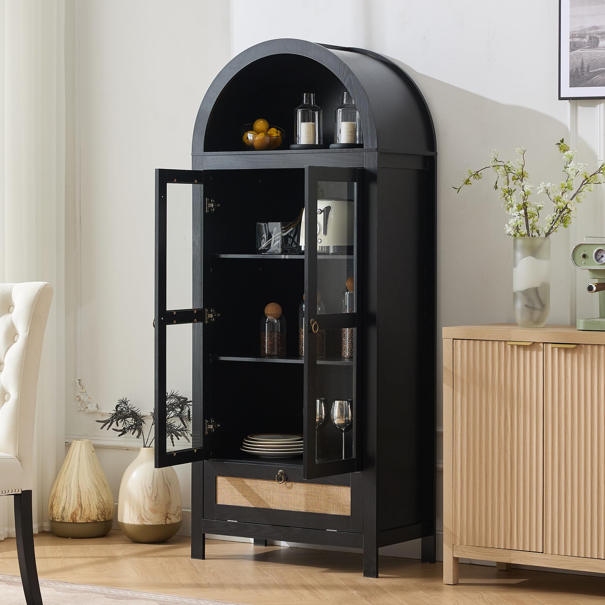71" Tall Arched Pantry Cabinet with Glass Door
