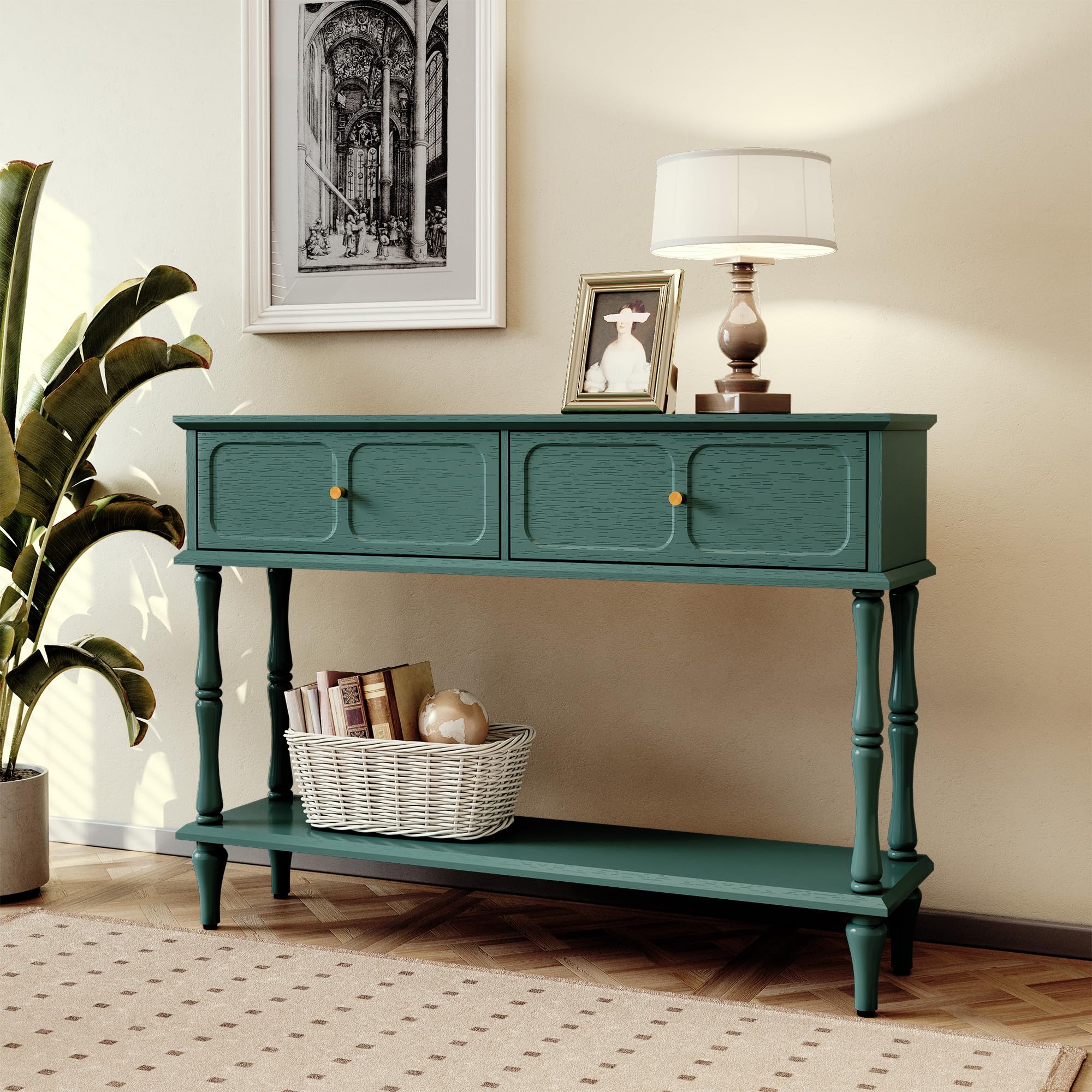 Mid-Century Console Table with 2 Drawers and Open Shelf
