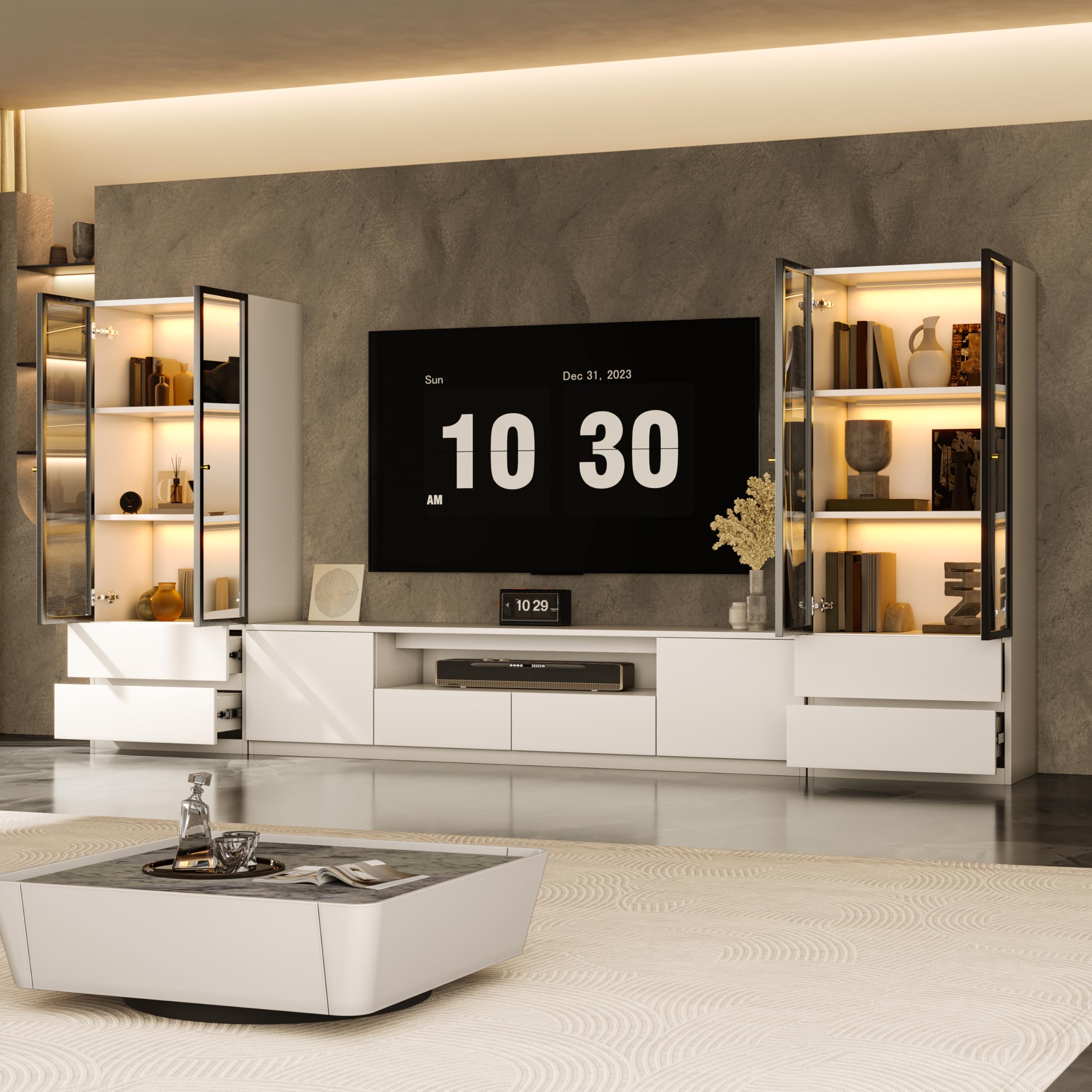 126" White Entertainment Center for 85" TV with Glass Display Cabinets