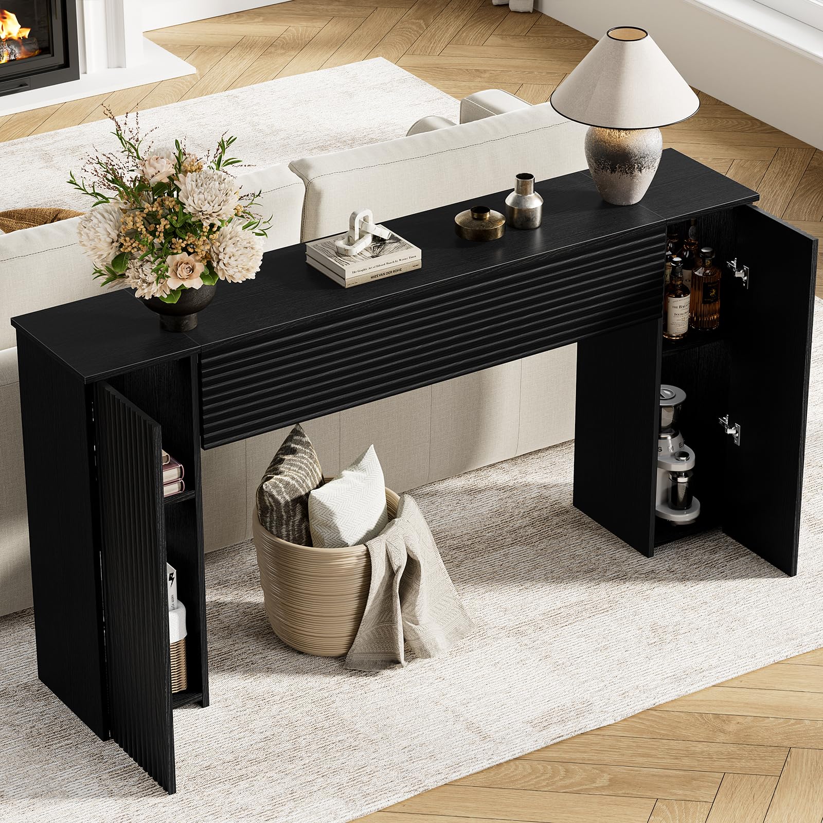 61'' Fluted Console Table with Storage Cabinets