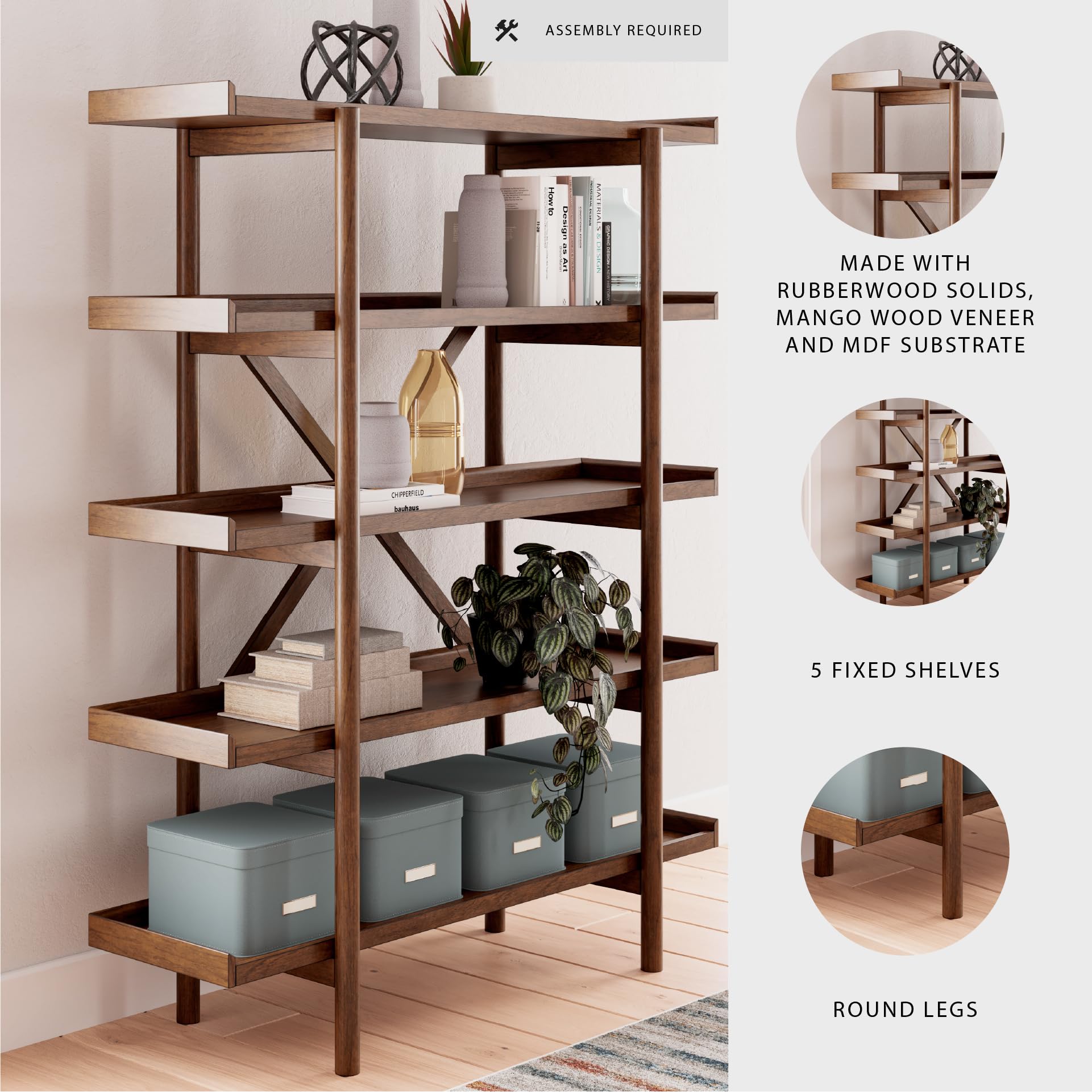 Lyncott 5-Tier Etagere Bookcase 70" Light Brown