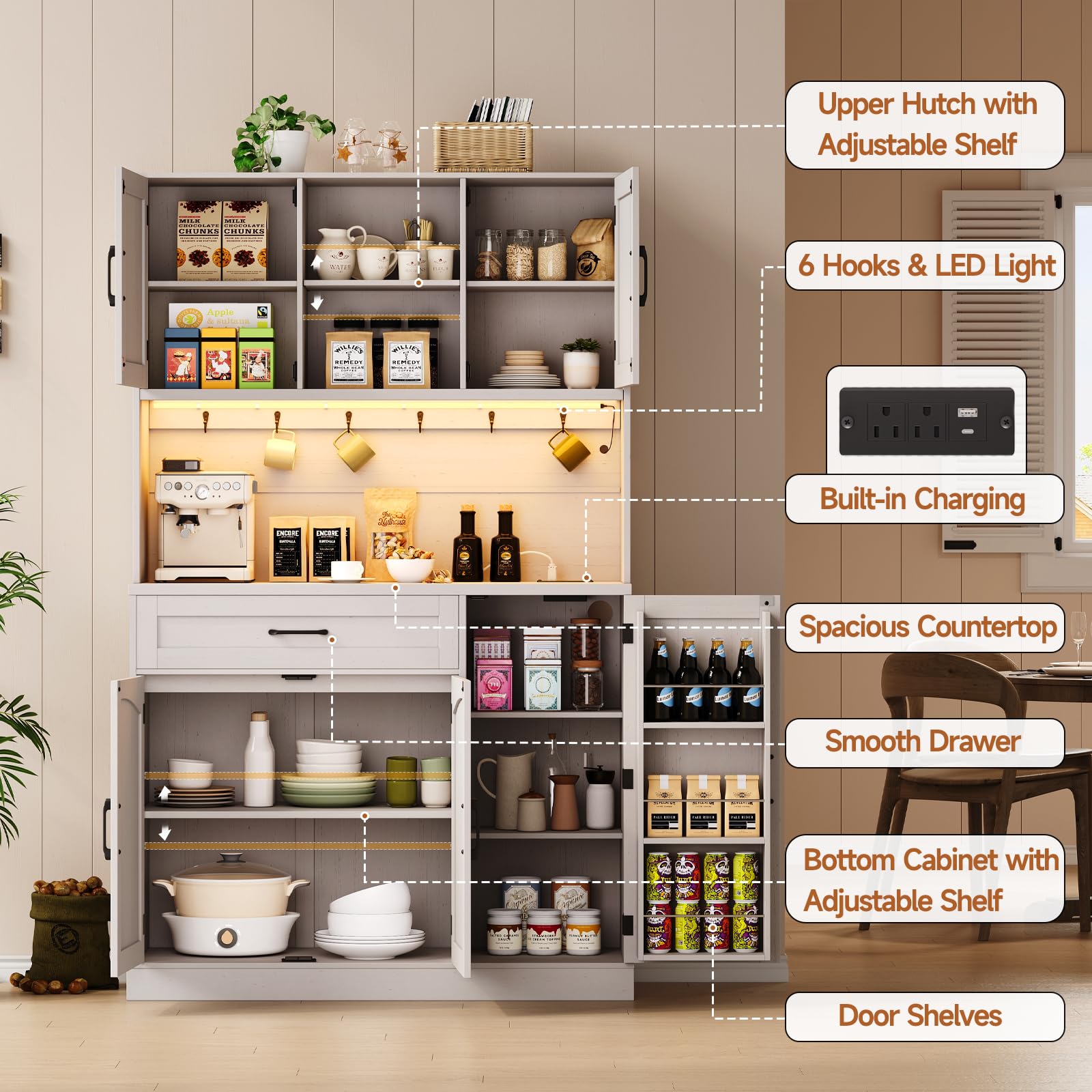 71" Pantry Cabinet with LED Light & Outlet