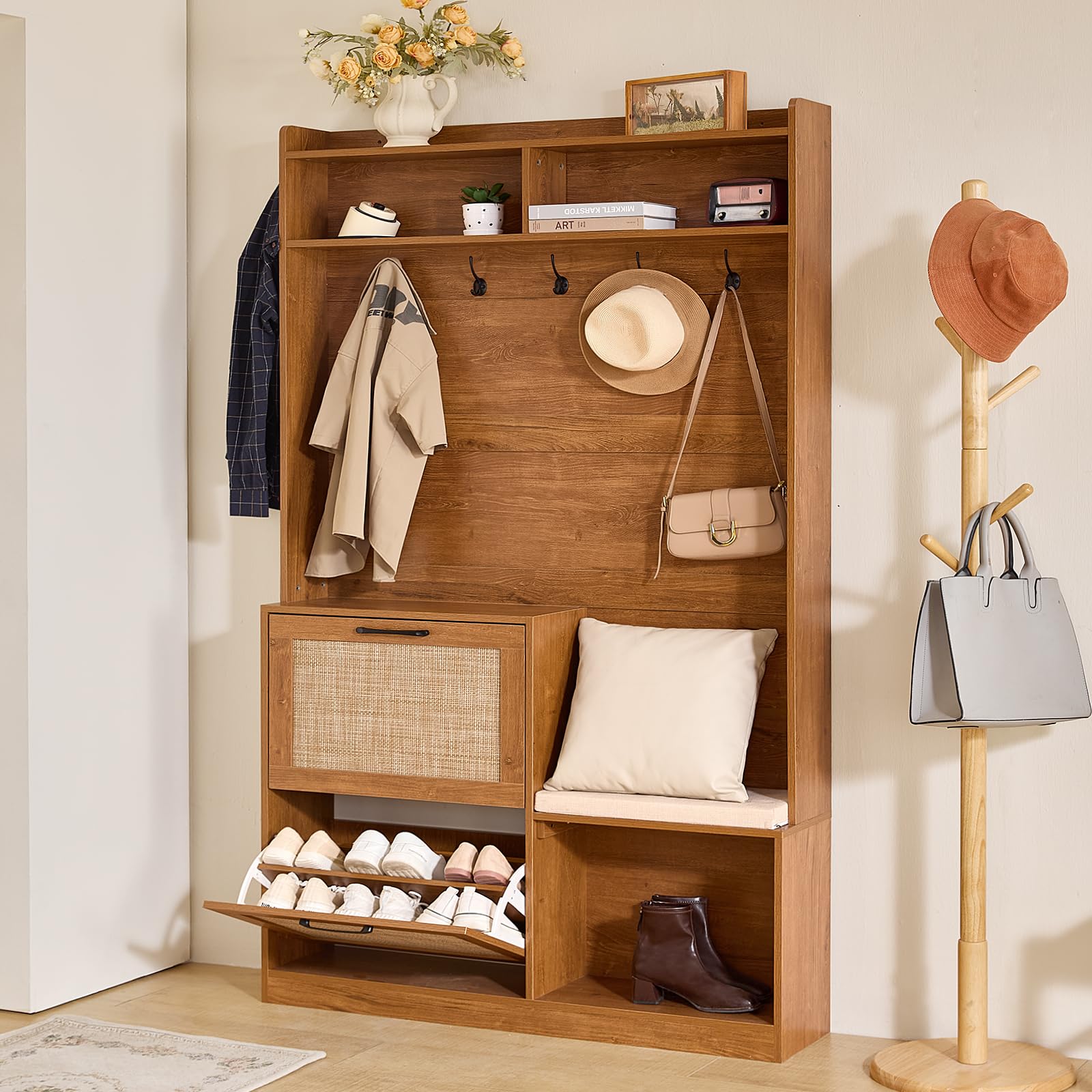Boho Hall Tree with Bench & Shoe Storage
