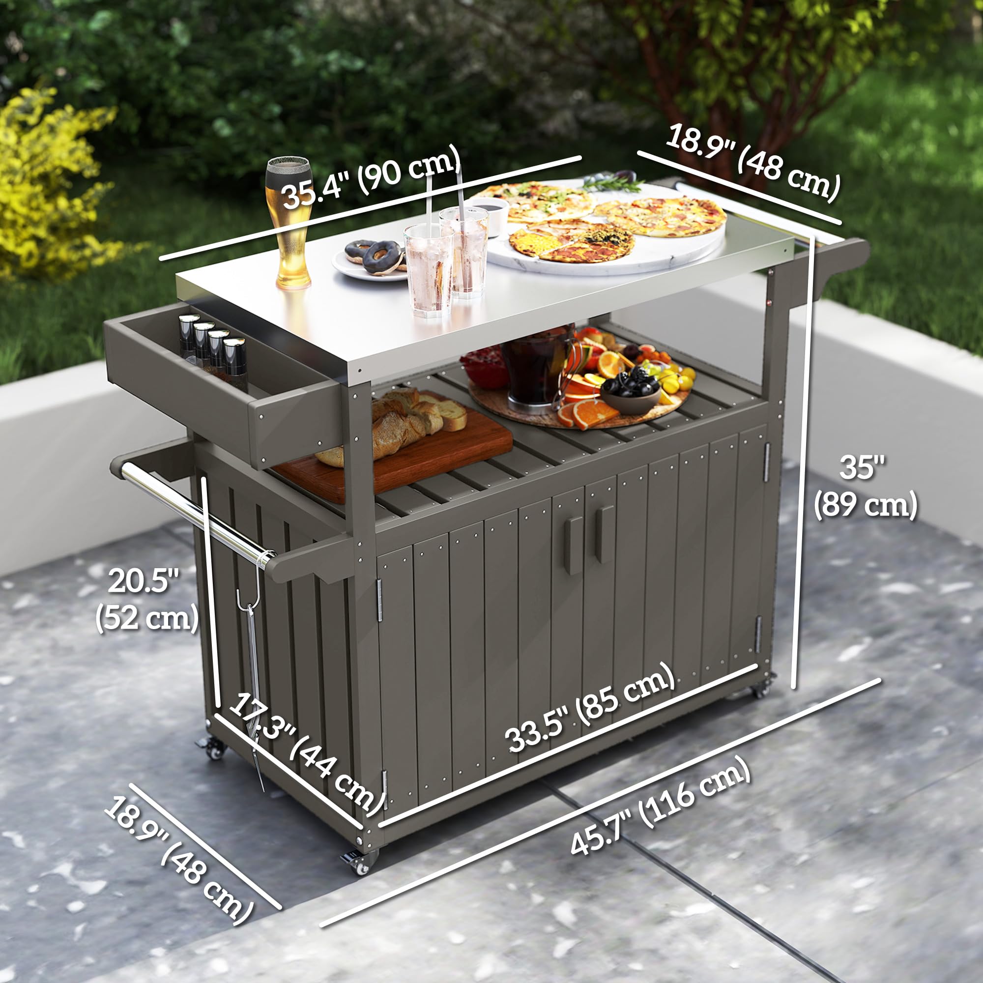 Outdoor Bar Cart with Storage Cabinet and Stainless Steel Top