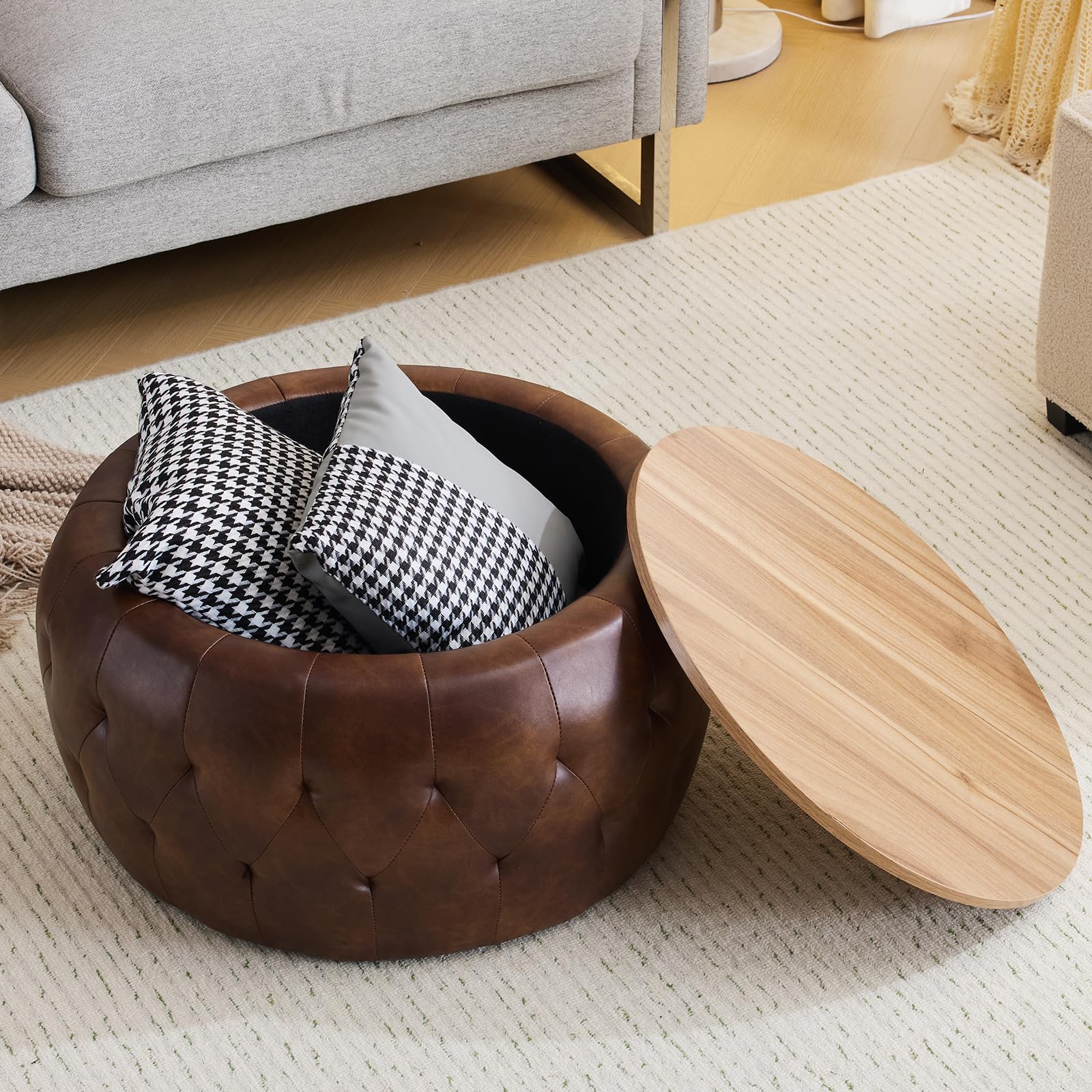 Round Storage Ottoman Coffee Table with Wooden Tabletop