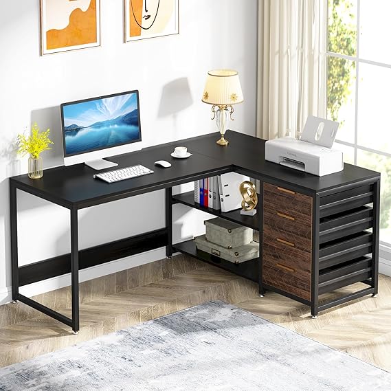 L-Shaped Computer Desk with Storage Drawers 59 Inch