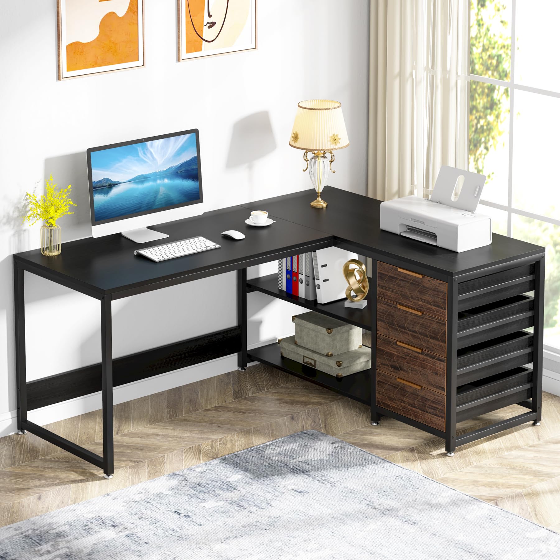 L-Shaped Computer Desk with Storage Drawers 59 Inch