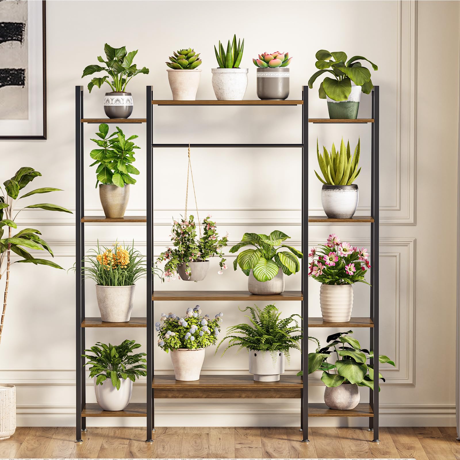 12-Tier Plant Stand with Grow Light - 55" Tall Wood & Metal Shelf with Timer