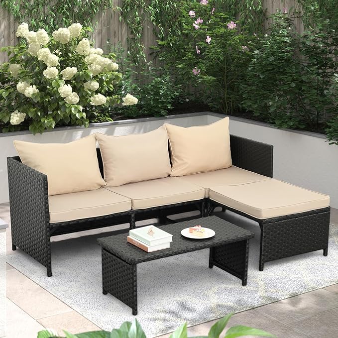 3-Piece Outdoor Rattan Conversation Set with Gray Cushions