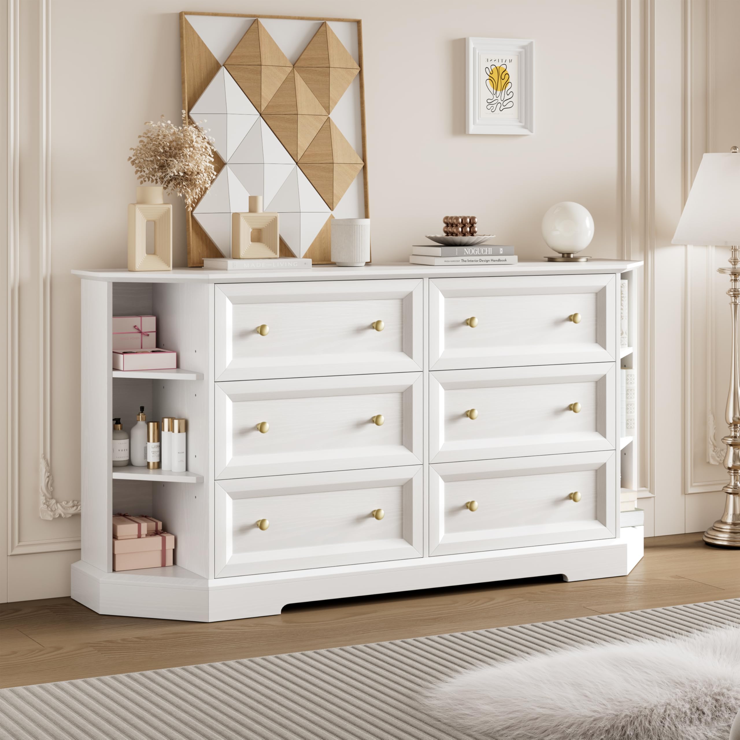 Extra Wide 63" 6 Drawer 6 Cube Dresser with Open Shelves