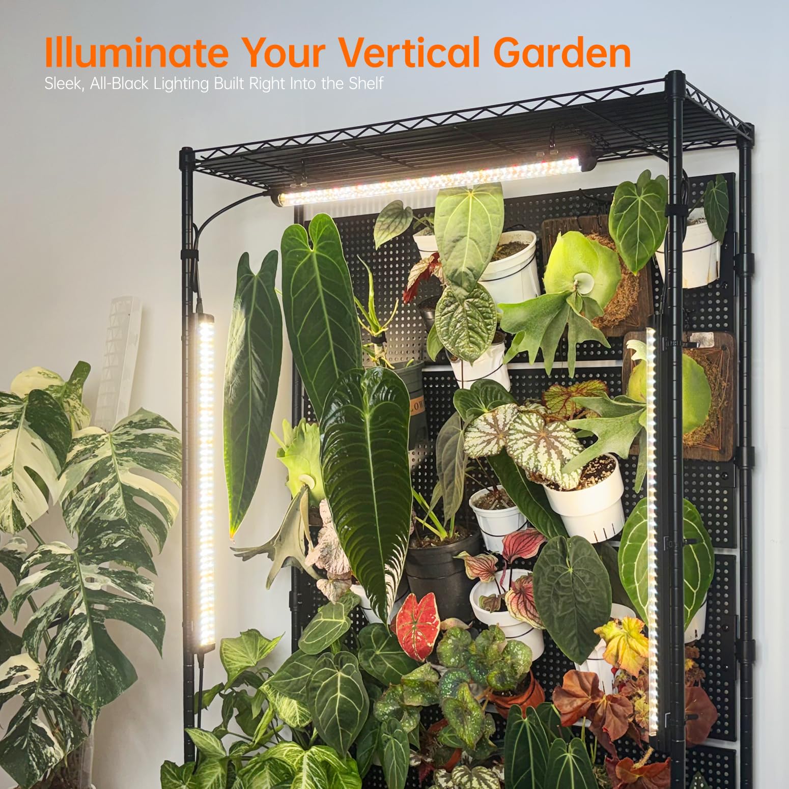 3-Tier Plant Shelf with Grow Lights and Pegboard