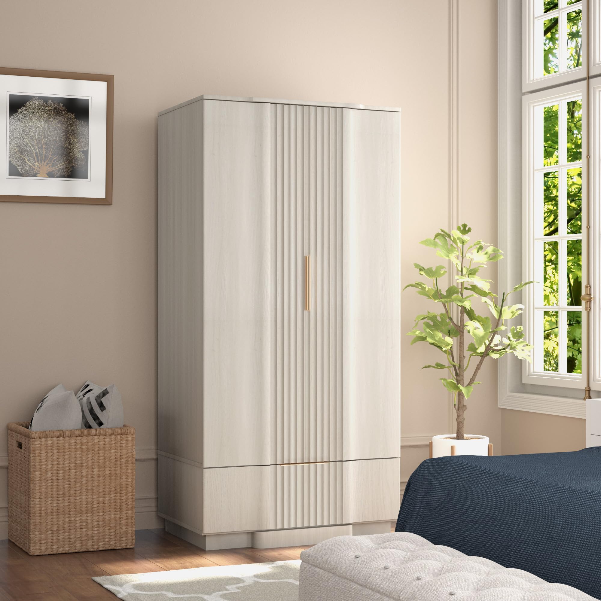 67" Freestanding Wardrobe Closet with Drawer and Hanging Rail