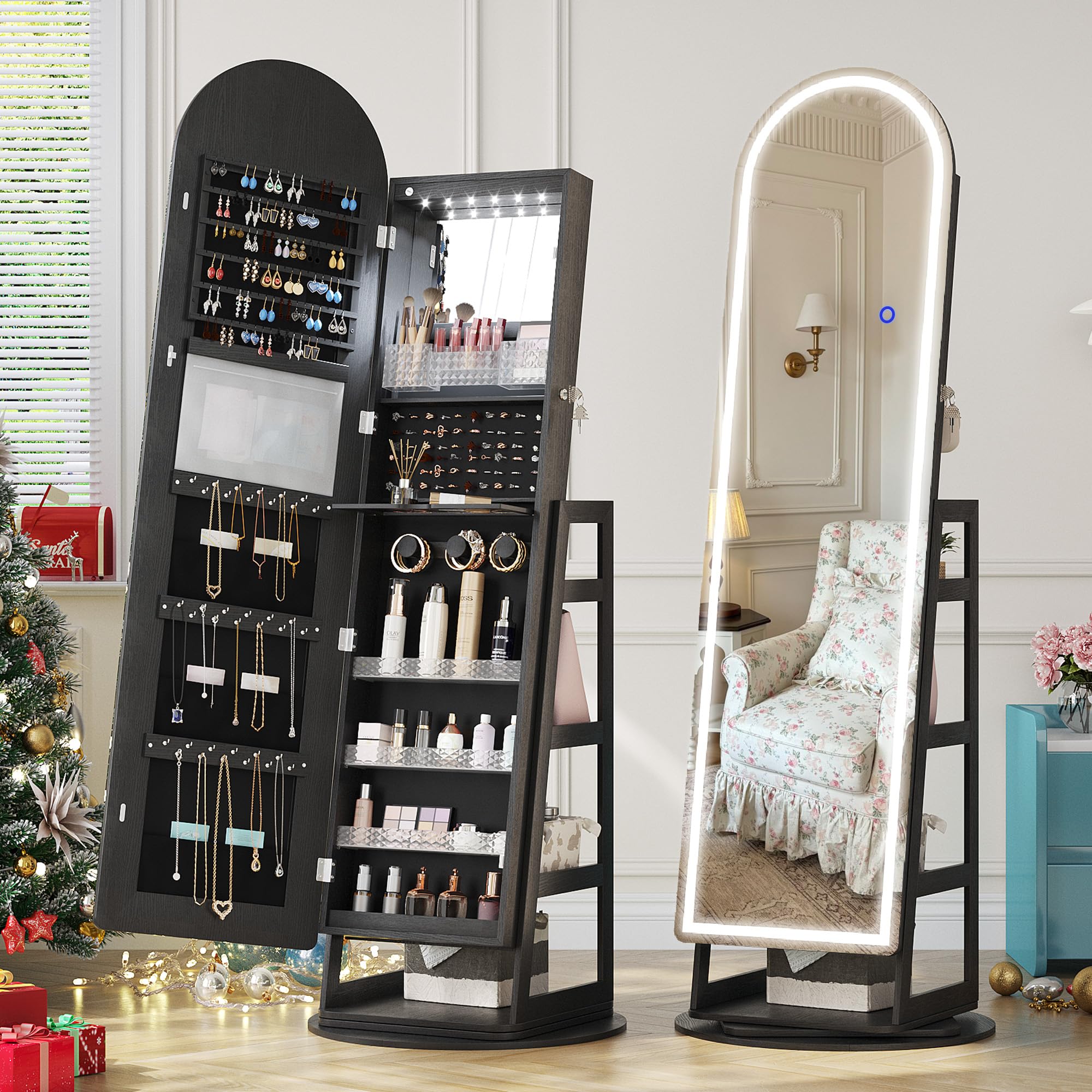 LED Mirror Jewelry Cabinet with Lockable Storage
