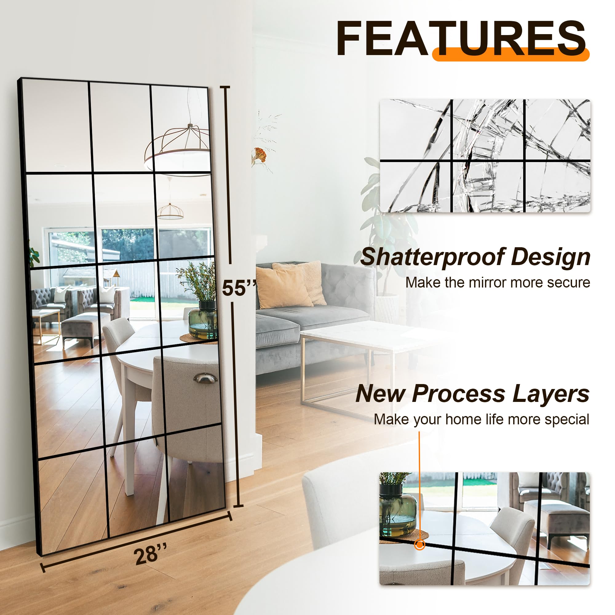 Rectangular Wall Mirror 55x28 Black Aluminum Frame